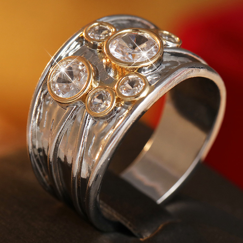 Vintage Hammered Two-Tone Wide Band Ring with Cubic Zirconia